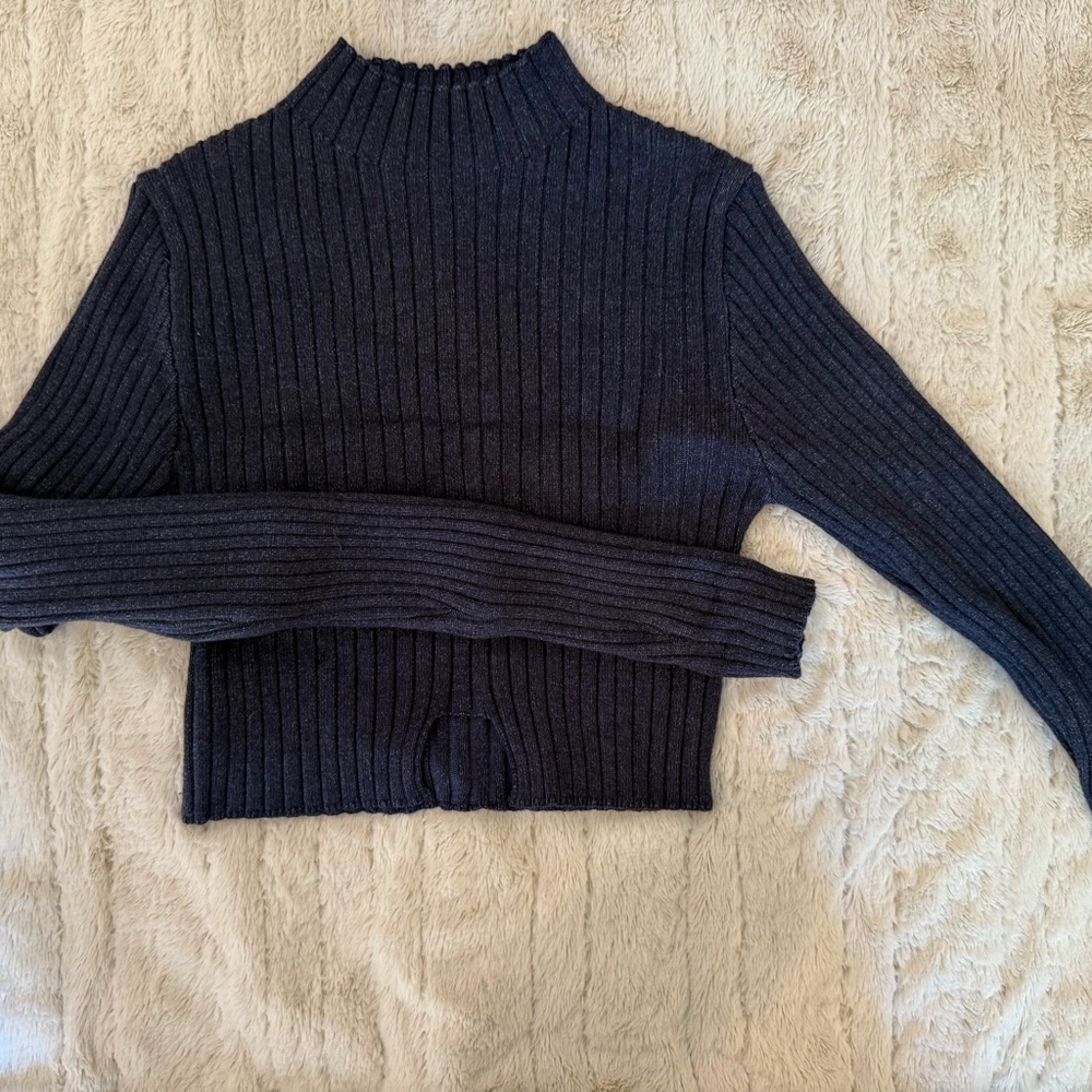Women's Cropped Navy Ribbed Sweater
